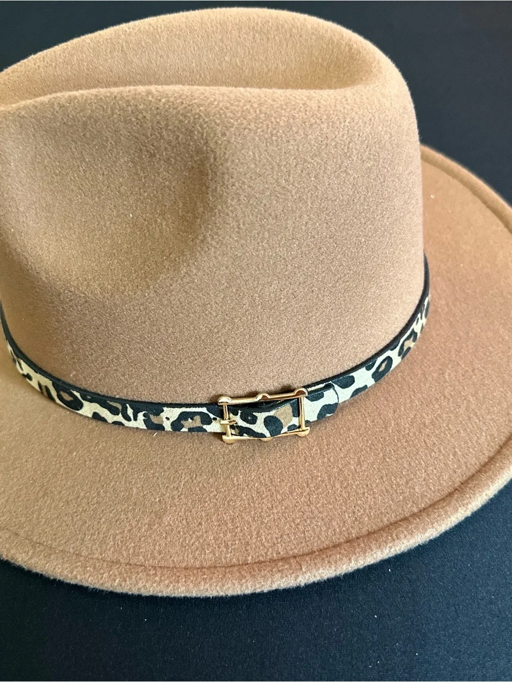 Classic Tan Wool Felt Fedora with Leopard Band